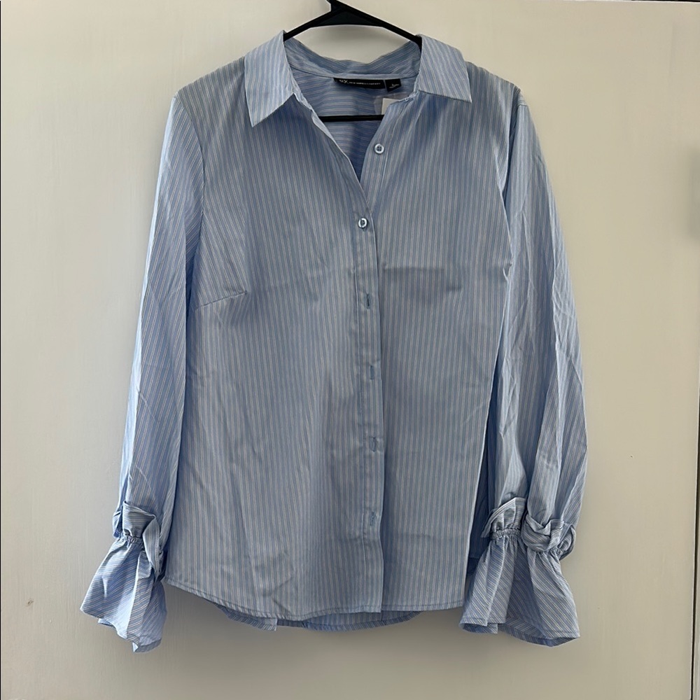 New York & Company Blue Casual Button Down Shirt with Flared Cuffs